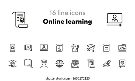 Online learning line icon set. Book, webinar, diploma. Education concept. Can be used for topics like studying, teaching, graduation