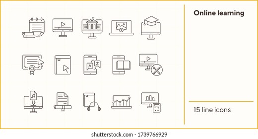 Online learning line icon set. Course, lection, educational video. Tutorial concept. Can be used for topics like lesson, educational technology, school subject