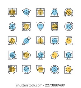 Online learning line icons. Set of e-learning icons. Black, blue and yellow colors. Modern outline graphic design. Vector line icons set