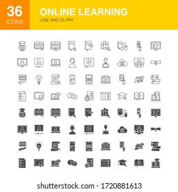 Online Learning Line Web Glyph Icons. Vector Illustration of Education Outline and Solid Symbols. 