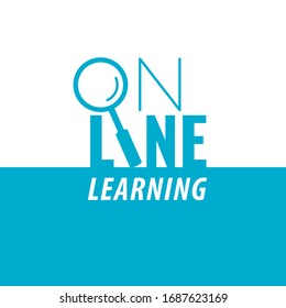 Online Learning Logo Lettering with Magnifying Glass Sign Inserted Creative Concept as Template for Online Business - Blue on White Background - Vector Contrst Graphic Design