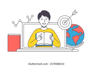 Online Learning with Man Instructor from Laptop Screen Teaching with Book Engaged in Virtual Classes Outline Vector Illustration