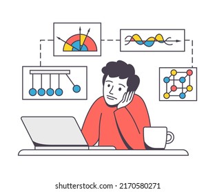 Online Learning with Man Student Engaged in Virtual Classes Outline Vector Illustration