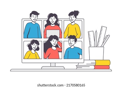 Aprendizaje en línea con estudiantes e instructores de hombre y mujer en pantalla de computadora involucrados en la ilustración de un vector de contorno de clases virtuales