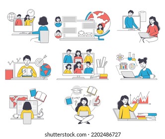 Online Learning with Man and Woman Student and Instructor Engaged in Virtual Classes Outline Vector Set