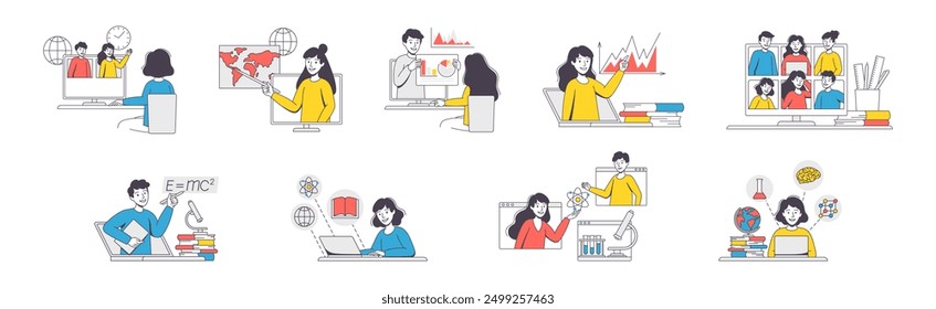 Online Learning with Man and Woman Student and Instructor Engaged in Virtual Classes Outline Vector Set