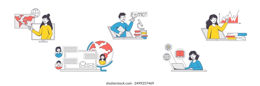 Online Learning with Man and Woman Student and Instructor Engaged in Virtual Classes Outline Vector Set