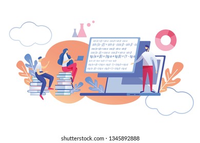 Online Learning Mathematical Discipline Flat. Vector Illustration White Background. For Students Developed Course. Man Teaches Next to Monitor Screen, Guy and Girl Sitting on Books.