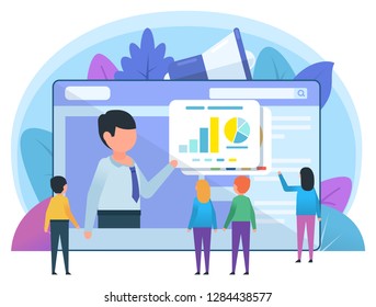 Online learning, meeting, education, courses. People stand near web page and watch video. Poster for social media, web page, banner, presentation. Flat design vector illustration