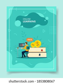 online learning men watching video on laptop near giant stack book template of banners, flyer, books cover, magazines with liquid shape style