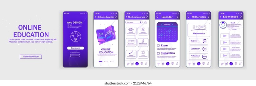 Online learning mobile application template. Design elements of the user interface, UX, graphical interface. An application for digital online education. Vector illustration.