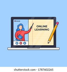 Online learning modern distant education vector illustration. Mentor presenting on screen with digital paper line book on laptop computer. outline cartoon style flat design.