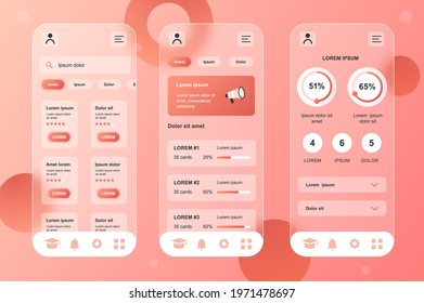 Online learning neumorphic elements kit for mobile app. Courses list, lessons rating, study progress, online education. UI, UX, GUI screens set. Vector illustration of templates in glassmorphic design