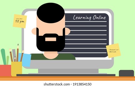 Online learning on laptop vector illustration, working on computer quiz exam paper sheet document, on-line questionnaire results on desktop table flat cartoon, digital check list or internet test