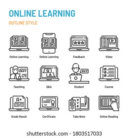 Online learning in outline icon and symbol set