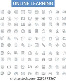 Sammlung von Symbolen für Online-Lernumrisse. E-Learning, virtuelles, Tutorials, Digital, Kurse, Bildung, Webinare Vektorgrafik Set. Instruktion, asynchron, Inhalten