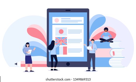 Online learning, people choosing language courses, exam preparation, home schooling. Online Education, training courses and tutorials. Distance studying or e-learning. Flat illustration