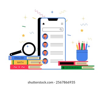 Online Learning Platform With Books And Magnifying Glass In Flat Vector Illustration Symbolizing Education, Study Tools, And Research, Isolated On White Background.