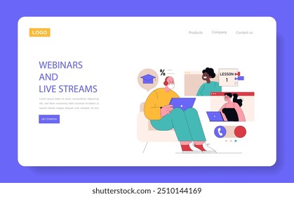 Online Learning Platform concept. Diverse characters engaging in webinars and live education sessions. Interactive virtual classroom environment. Vector illustration.