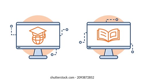 Online learning platform icon set, digital education on computer from home concept, E-learning from distance, isolated vector icons.