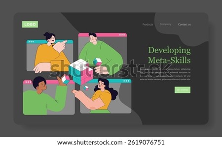 Online learning platform promoting the development of meta-skills. Engaging video calls showcase teamwork and problem-solving using interactive puzzles. Ideal for digital education. Vector