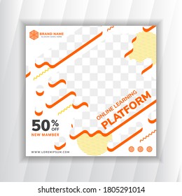 Online Learning Plattform Social Media Banner Design verwenden Quadrat-Layout. Flüssigkeitsraum für Fotocollage.  weißer Hintergrund und orangefarbenes Elementdesign. 