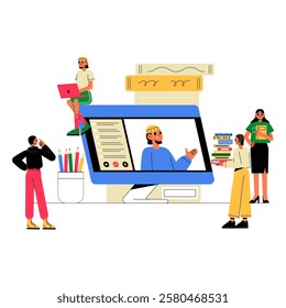  Online Learning Platform With Students And Teacher In Flat Vector Illustration Symbolizing Digital Education, Remote Study, And Virtual Class, Isolated On White Background.