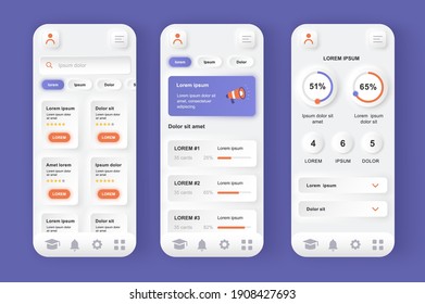 Online learning platform unique neomorphic design kit. Distance learning, online education, professional seminars and courses. UI UX templates set. Vector illustration of GUI for responsive mobile app