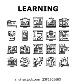 online learning platform web icons set vector. computer internet, book training, school university, course business, student study online learning platform web black contour illustrations