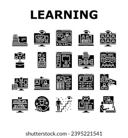 online learning platform web icons set vector. computer internet, book training, school university, course business, student study online learning platform web glyph pictogram Illustrations