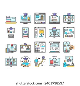 online learning platform web icons set vector. computer internet, book training, school university, course business, student study online learning platform web color line illustrations