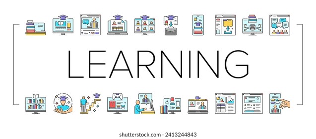 online learning platform web icons set vector. computer internet, book training, school university, course business, student study online learning platform web color line illustrations