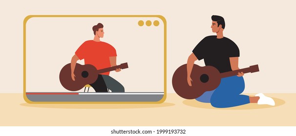 Online learning to play the guitar. Flat vector stock illustration. Video for guitarists. Hobby online. The musician is studying online. Guitar courses over the Internet. Isolated illustration
