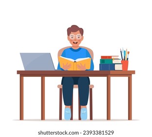 Online learning. Primary school boy pupil sit at desk. Knowledge, creativity, discoveries. Online courses of preschool education, distance learning or homeschooling. Vector illustration