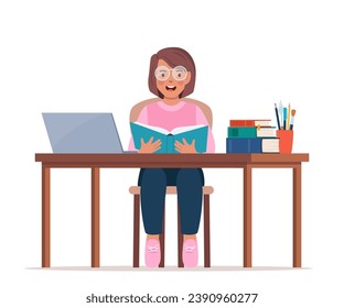 Online learning. Primary school girl pupil sit at desk. Knowledge, creativity, discoveries. Online courses of preschool education, distance learning or homeschooling. Vector illustration