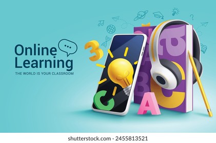 Online learning school vector design. Back to school online learning education with mobile phone virtual digital elements for e learning courses student device. Vector illustration online learning 