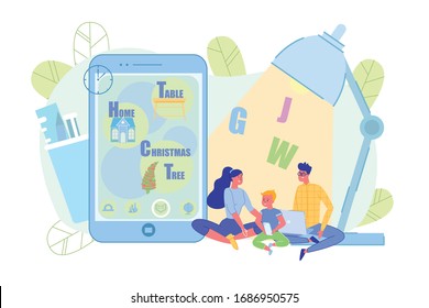 Online Learning Service Mobile Anwendung für Familienmetapher. Fröhliche Mutter, Vater und kleine Vorschulkinder lernen über Smartphone unter Großlampe zu Hause sitzend. Vektorillustration-Illustration