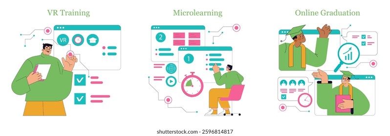 Online Learning set. Emphasizing modern educational methods like VR training, microlearning, and online graduation. Highlights the integration of technology in education. Vector illustration.