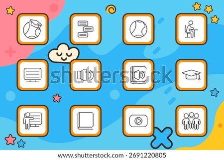 Online learning set icon. Globe, message, screen, speaker, graduate, book, video, desk, presentation, group. Education, e-learning, digital, school, language.
