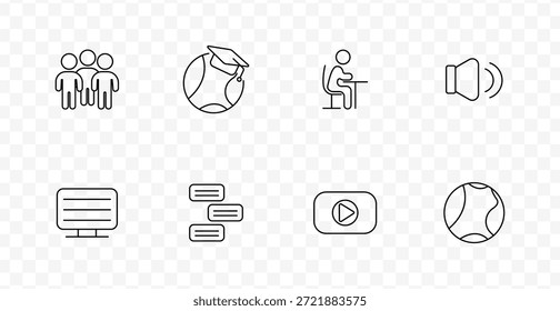 Icono de conjunto de aprendizaje en línea. Personas, globo con gorra, estudiante en el escritorio, altavoz, monitor, bloques de texto, Botón de juego, globo terráqueo en estilo de línea de medios educativos.