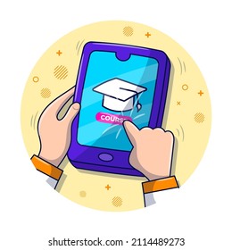 Online learning with smartphone, educational hand drawn cartoon illustration