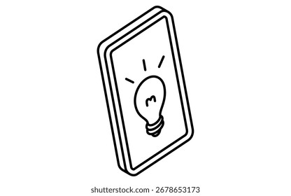 smartphone de aprendizagem online com ideia de lâmpada isométrica ícone de linha simples, preto e branco, Ilustração de vetor
