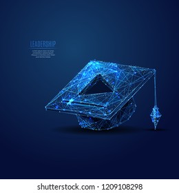 Online learning. Square academic cap and PLAY button. Polygonal abstract science illustration. Low poly blue vector illustration of a starry sky or Cosmos. Vector image in RGB Color mode.