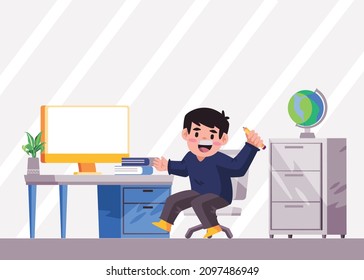 online learning student in front of screen monitor smile happy holding pencil worker in front working desk