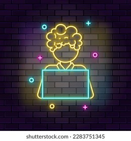 Online learning, student neon icon. Education neon icon on dark brick wall background