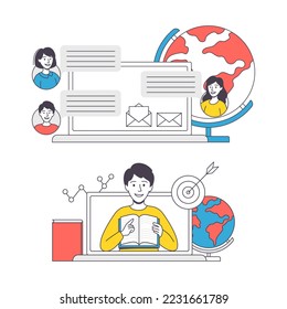 Online Learning with Student and Teacher Engaged in Virtual Classes Outline Vector Set