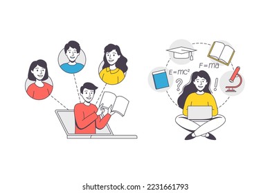 Online Learning with Student and Teacher Engaged in Virtual Classes Outline Vector Set