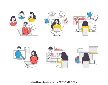 Online Learning with Student and Teacher Engaged in Virtual Classes Outline Vector Set