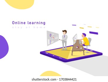 Online learning, student learning with teacher, people character vector, isometric perspective idea and creative concept background