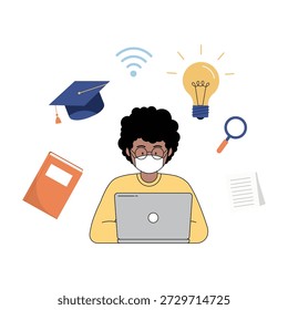 Online Learning Student Wearing Face Mask Using Laptop - E-Learning Education Ilustração plana com ícones de estudo